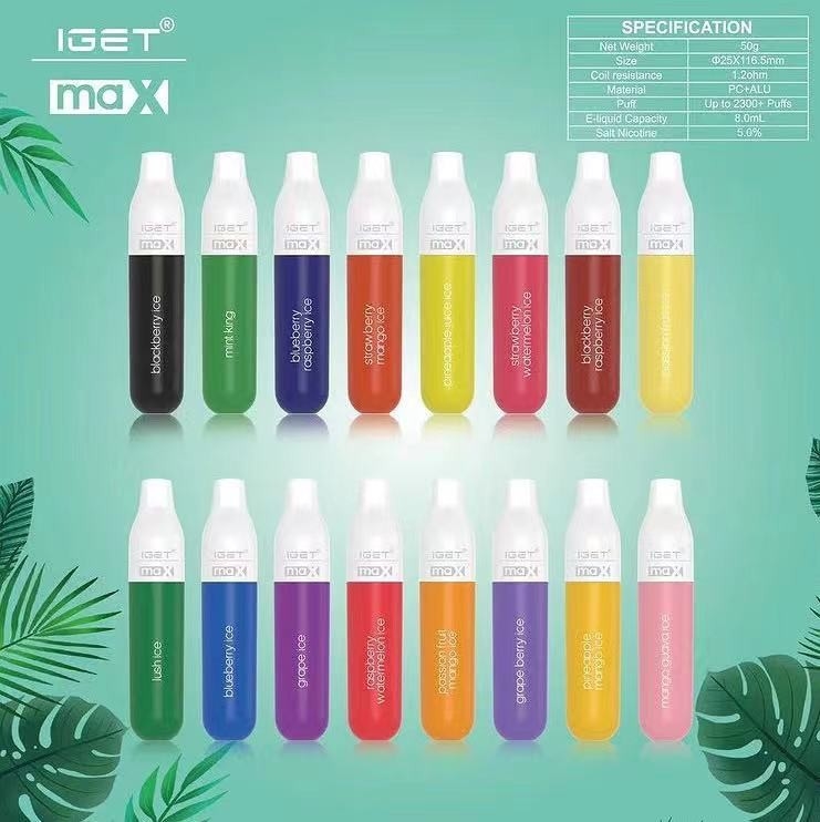 100% Original 8.0ml IGET MAX 2300 Puffs Disposable Vape Pen 16 Colors